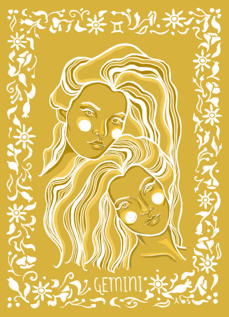 gemini twins yellow illustration by Aimee Schreiber