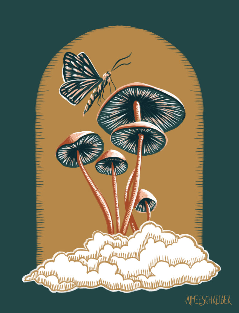 Mushrooms and Moth on a Cloud Illustration by Aimee Schreiber