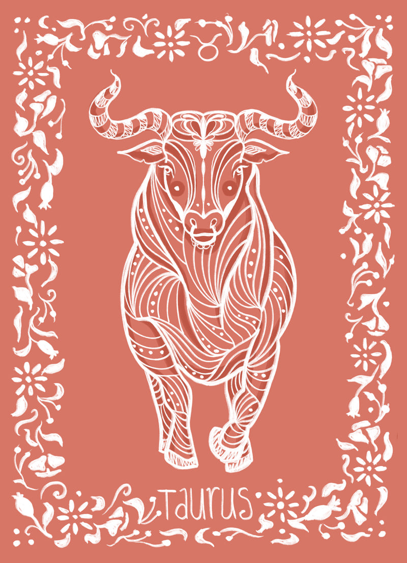 Taurus pink bull zodiac illustration by Aimee Schreiber