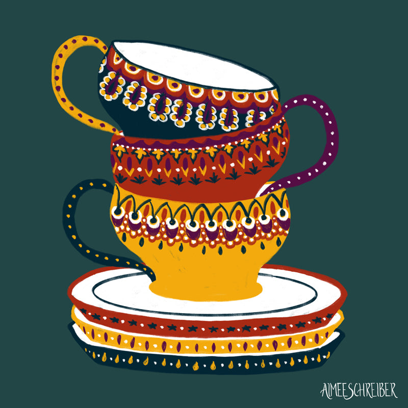 Folk Art Colorful Teacup Illustration by Aimee Schreiber