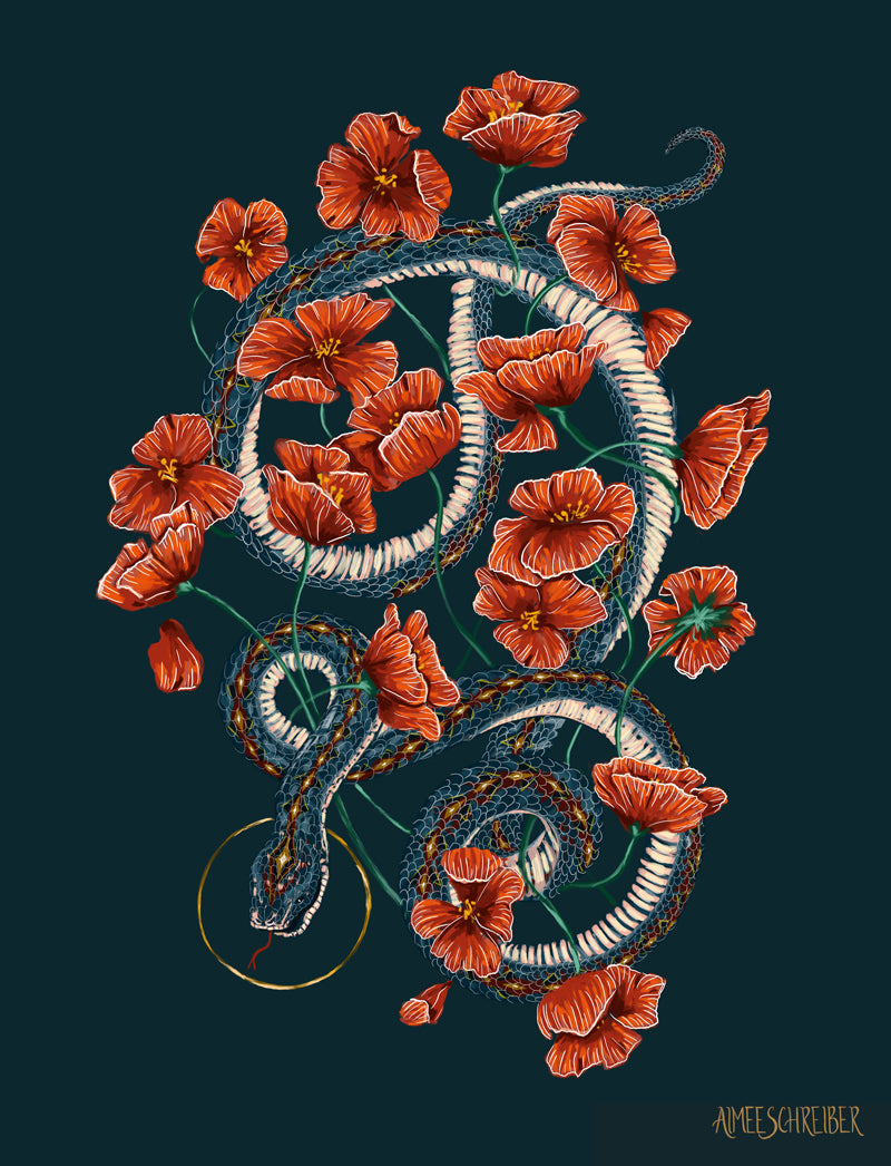 Teal Snake with Red Poppies Illustration by Aimee Schreiber