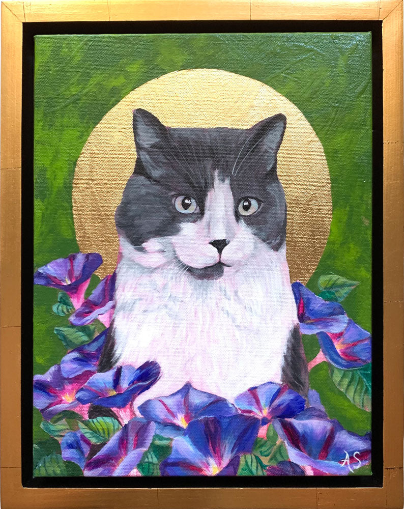cat painting pet portrait with morning glories gold halo by aimee schreiber