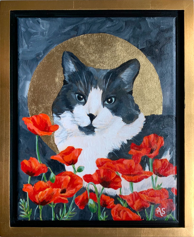 cat painting pet portrait with red poppies and gold halo by aimee schreiber