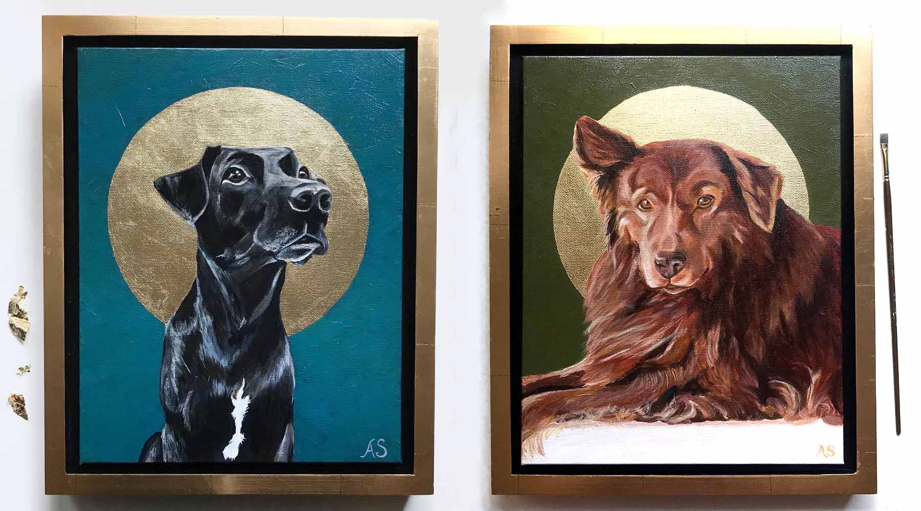 Custom pet portrait paintings with gold leaf by Aimee Schreiber