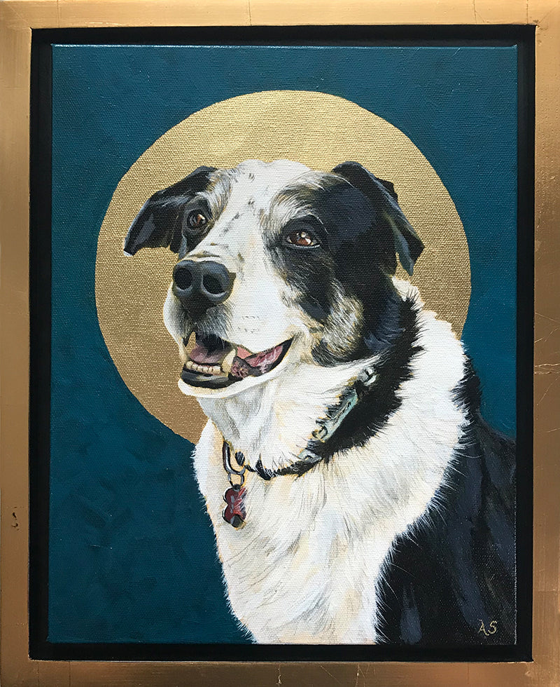 Dog Pet Portrait Painting with gold leaf by Aimee Schreiber